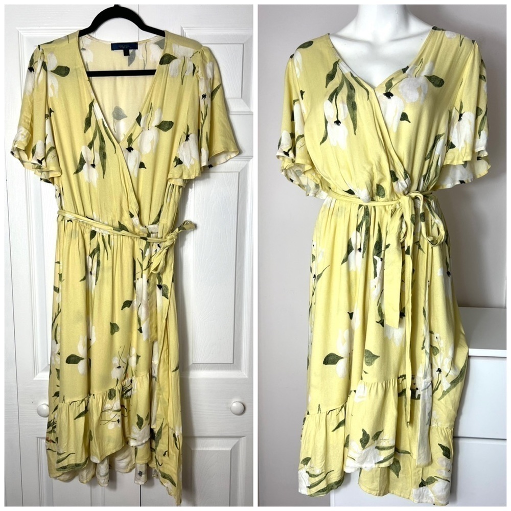 Rachel Roy Yellow Floral Faux Wrap Flutter Sleeve Midi Dress Plus 2X